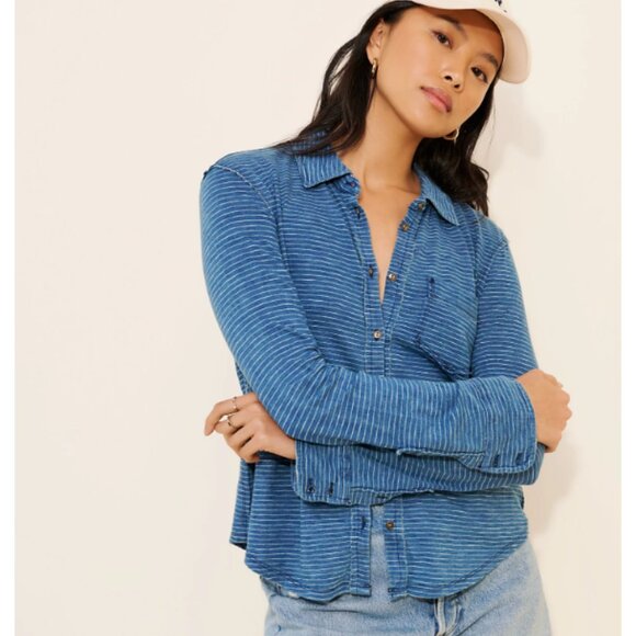 We The Free Blue Blue Shirting in Blue Combo Lightweight Boho Minimalist Sz M - Picture 1 of 7